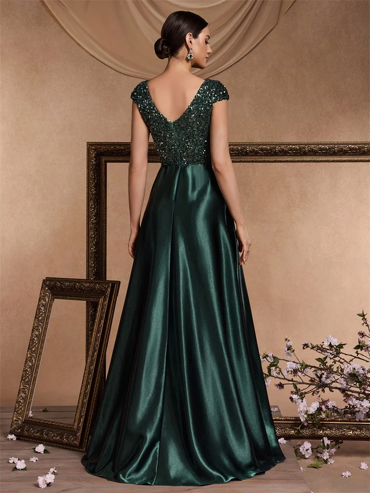 Lucyinlove Elegant V Neck Green Sequin Evening Dress Long 2024 Luxury Women Satin Short Sleeves Party Dress Prom Cocktail Dress