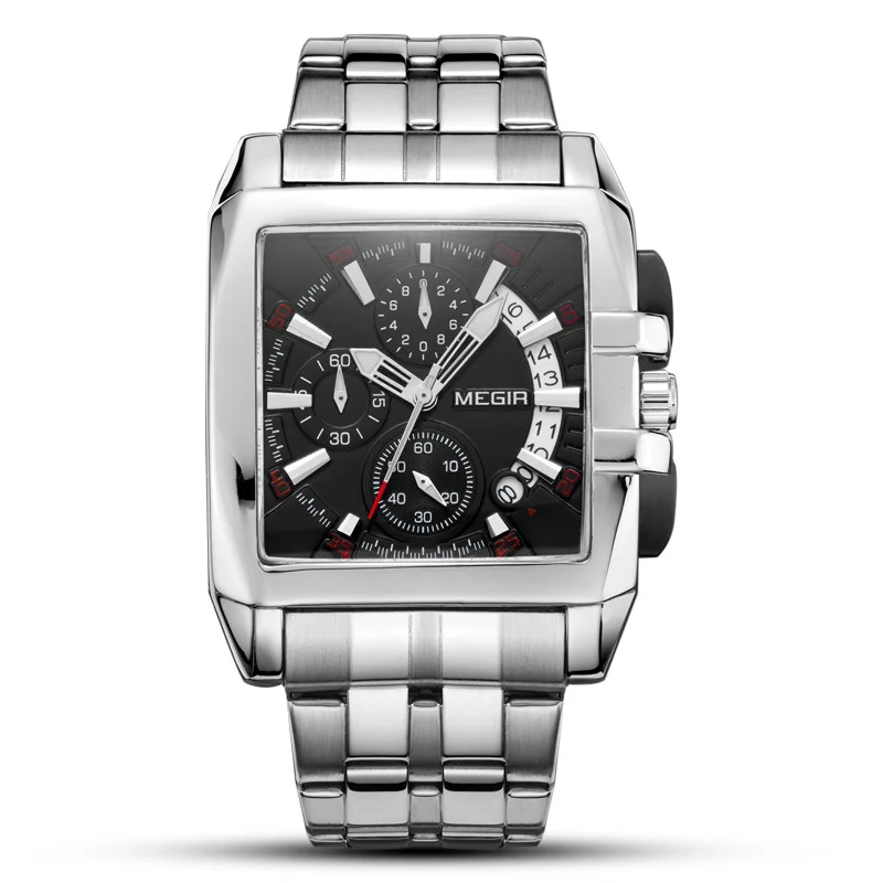 MEGIR 2018 hot sale fashion business Square Dial quartz watches luxury stainless steel wristwatch for man luminous three-eyes wa