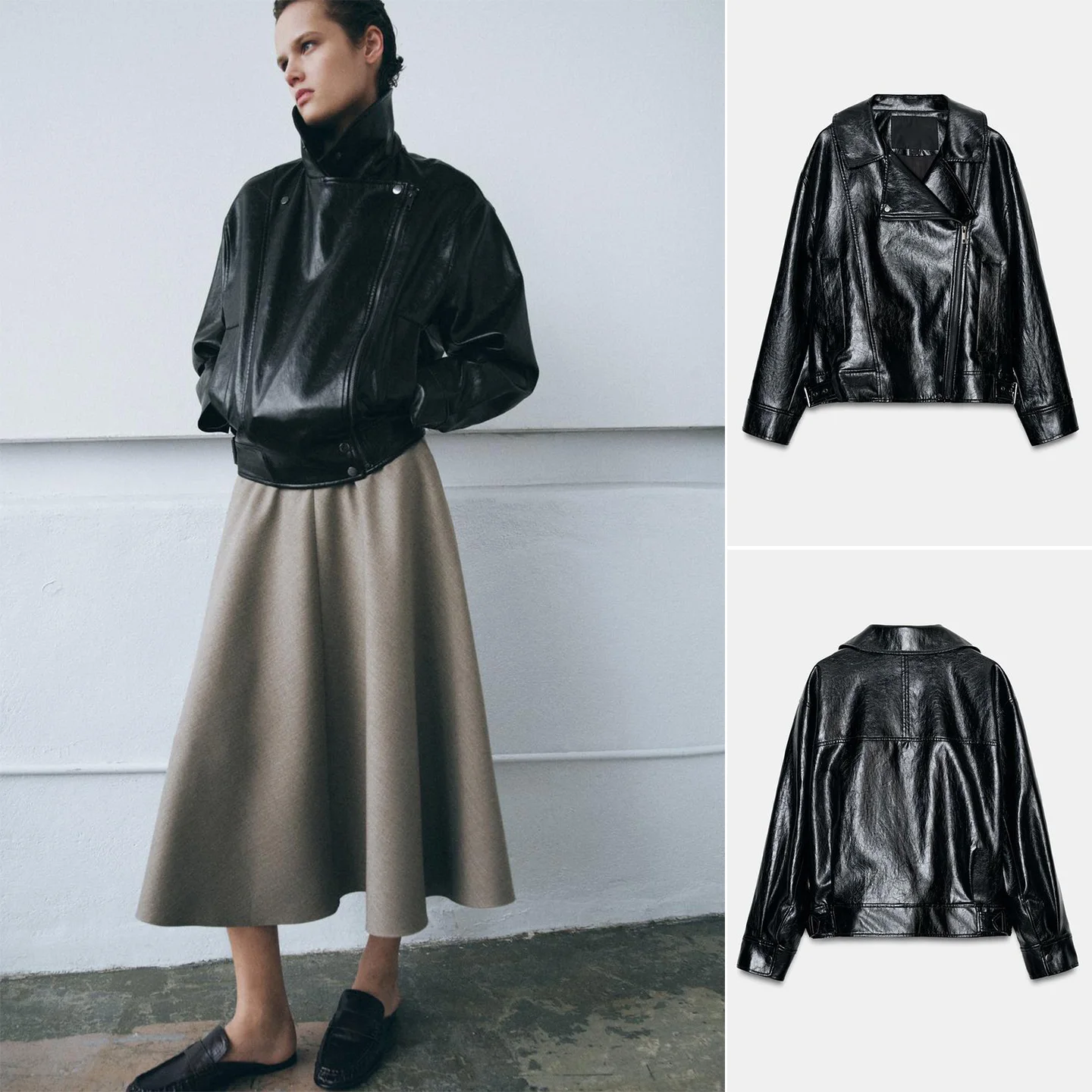 

Spring New Women's Casual Sle Long Sve Stand Collar PU Leather Jaet Metal Zipper ort Outerwear Polyester Fiber