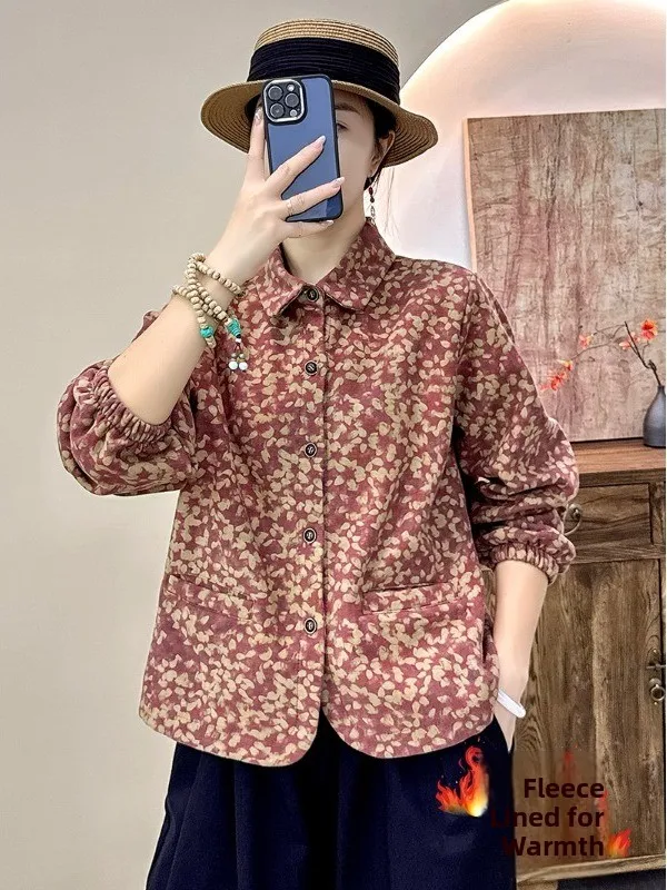 Retro Sle Fce gevoerde lange Sve irt Jaet dames losse pasvorm bedrukte Brued bovenkleding herfst winter nieuwe collectie