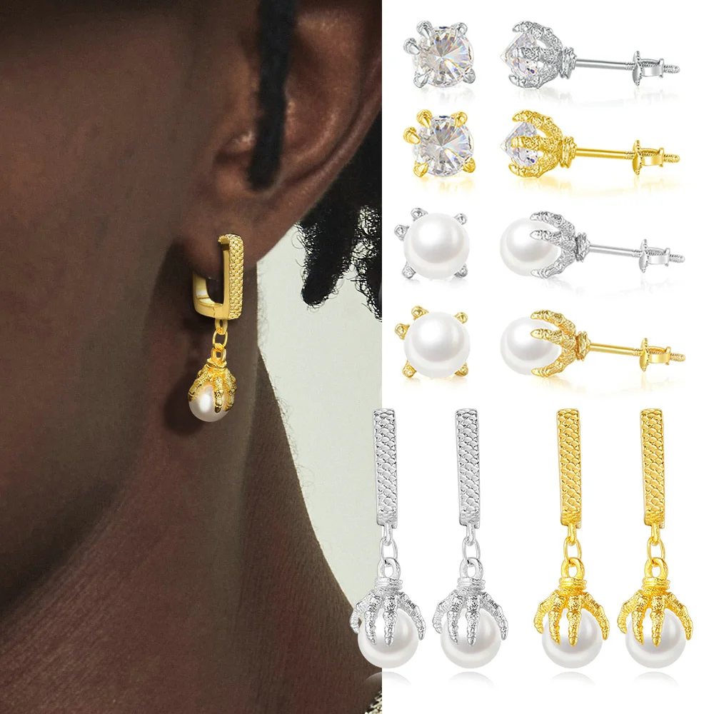 Cool Men's Earrings Homme Dragon Paw Hip-Hop Rapper Earring For Man Imitation Pearl Cubic Zirconia Ear Accessories Gold Color
