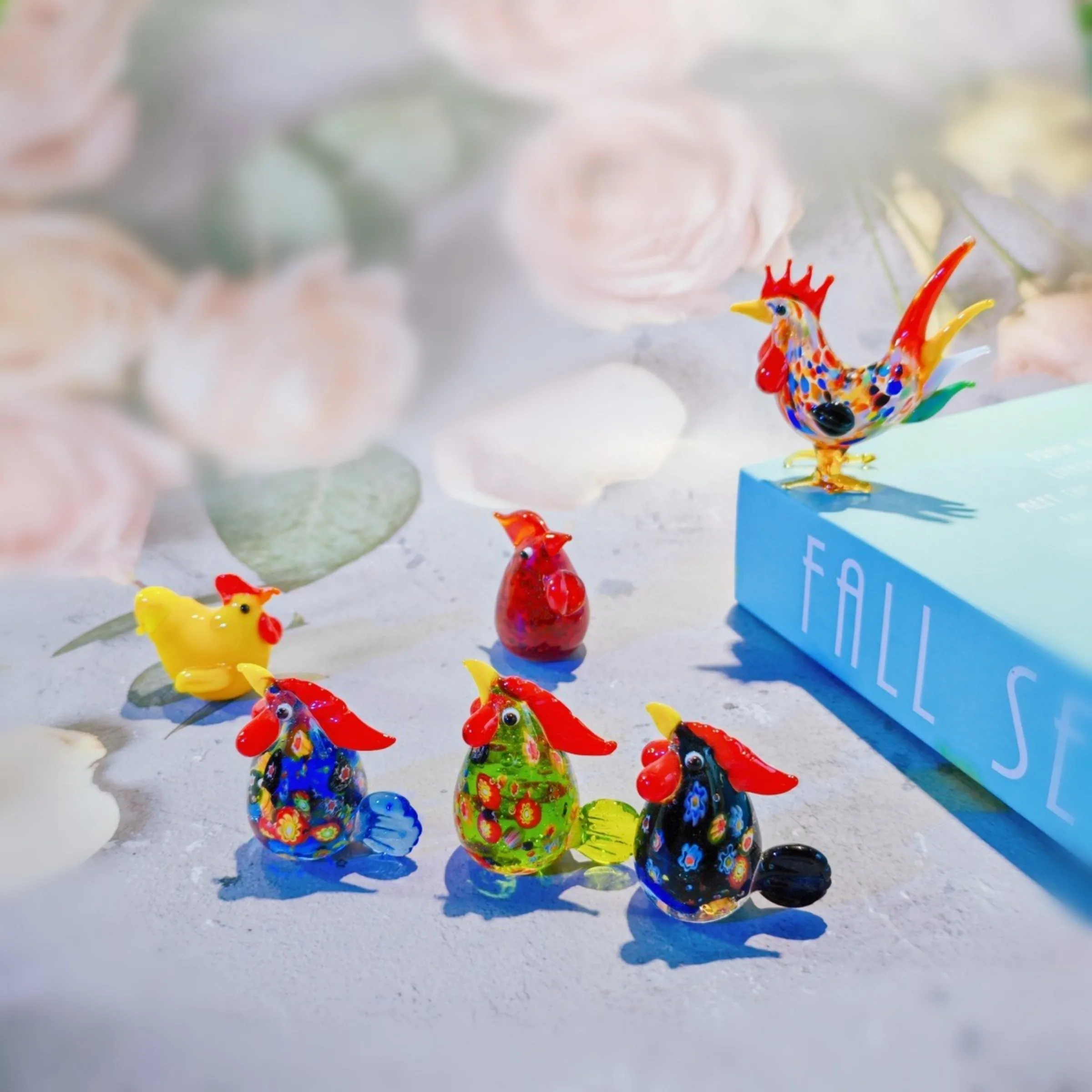 Handmade Glass Millefiori Rooster Figurine - Colorful Glass Animal Decor, Cartoon Pop Art Statue for Home, Desk, Collectio
