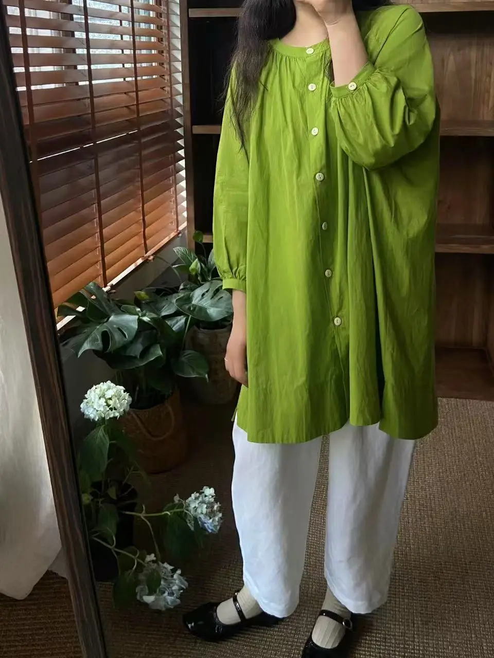 

Loose Cotton Linen Long Sleeve Cardigan Single Button Fruit Green Korean Japanese Style Artistic City Commute Women's Dress