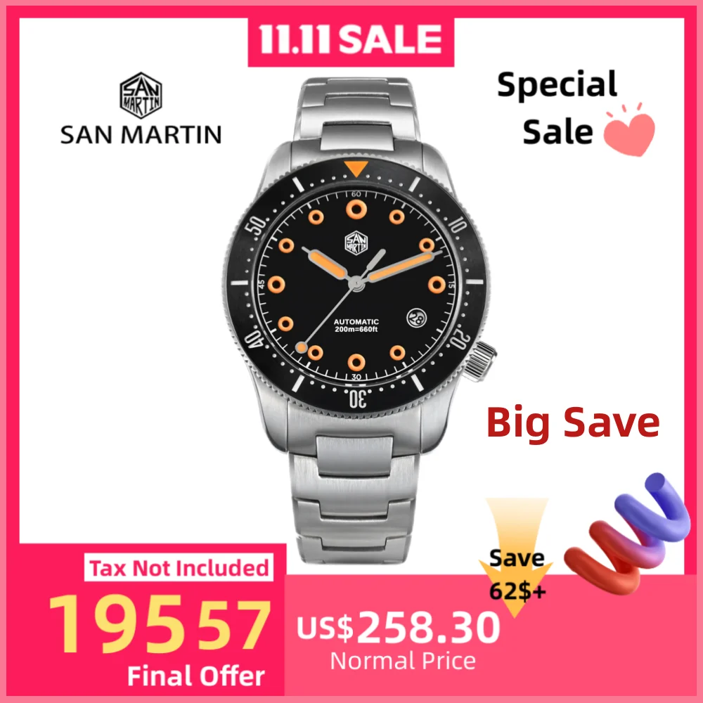 

San Martin 39.5mm YN55 Men Automatic Diving Watches 4H Date Window Sapphire BGW-X1 / Orange Lume Relogio 20Bar Waterproof SN0142
