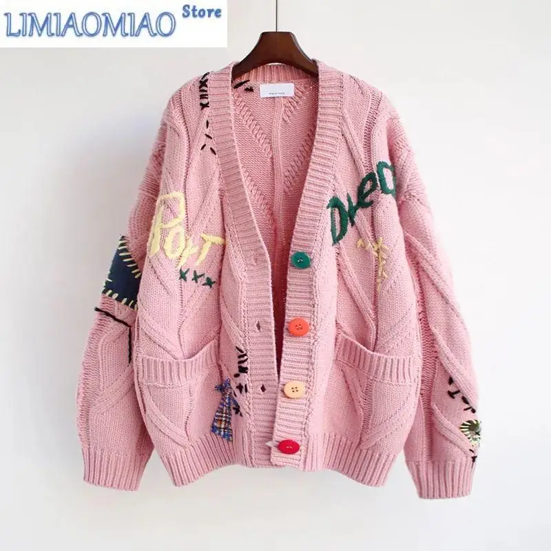 

New Embroidery Letter Single-breasted Acrylic Knitted Women's Cardigan Pocket Loose Thick Warm Autumn Winter Female Jacket Coat