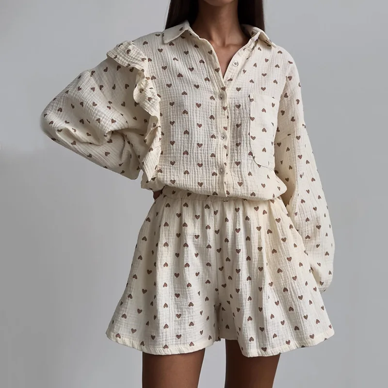 

Wepbel Two Piece Outfits Heart Printing Shirt Ruffled Pajamas Sets Women Shirt Tops Loose Shorts Wide Leg Shorts Leisure Suit