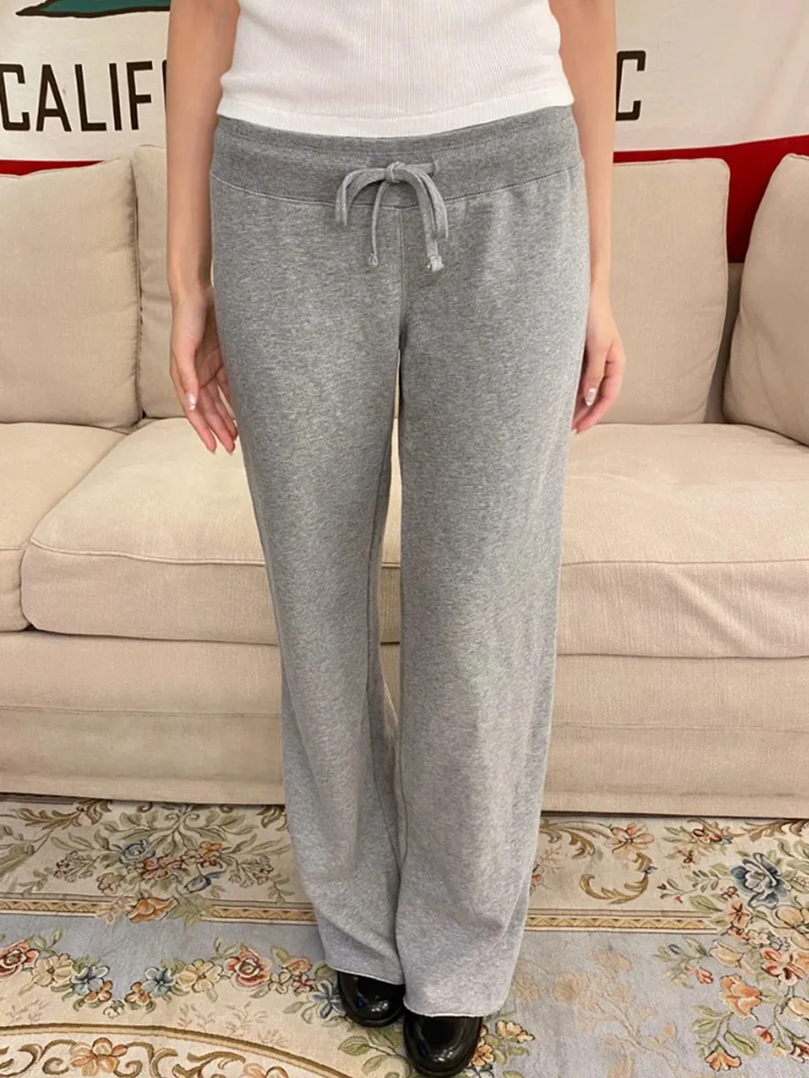 

Gray Drawstring Yoga Sweatpants Women Autumn New Low Waist Raw Hem Wide Leg Trouser Simple Vintage Casual Straight Sport Pants
