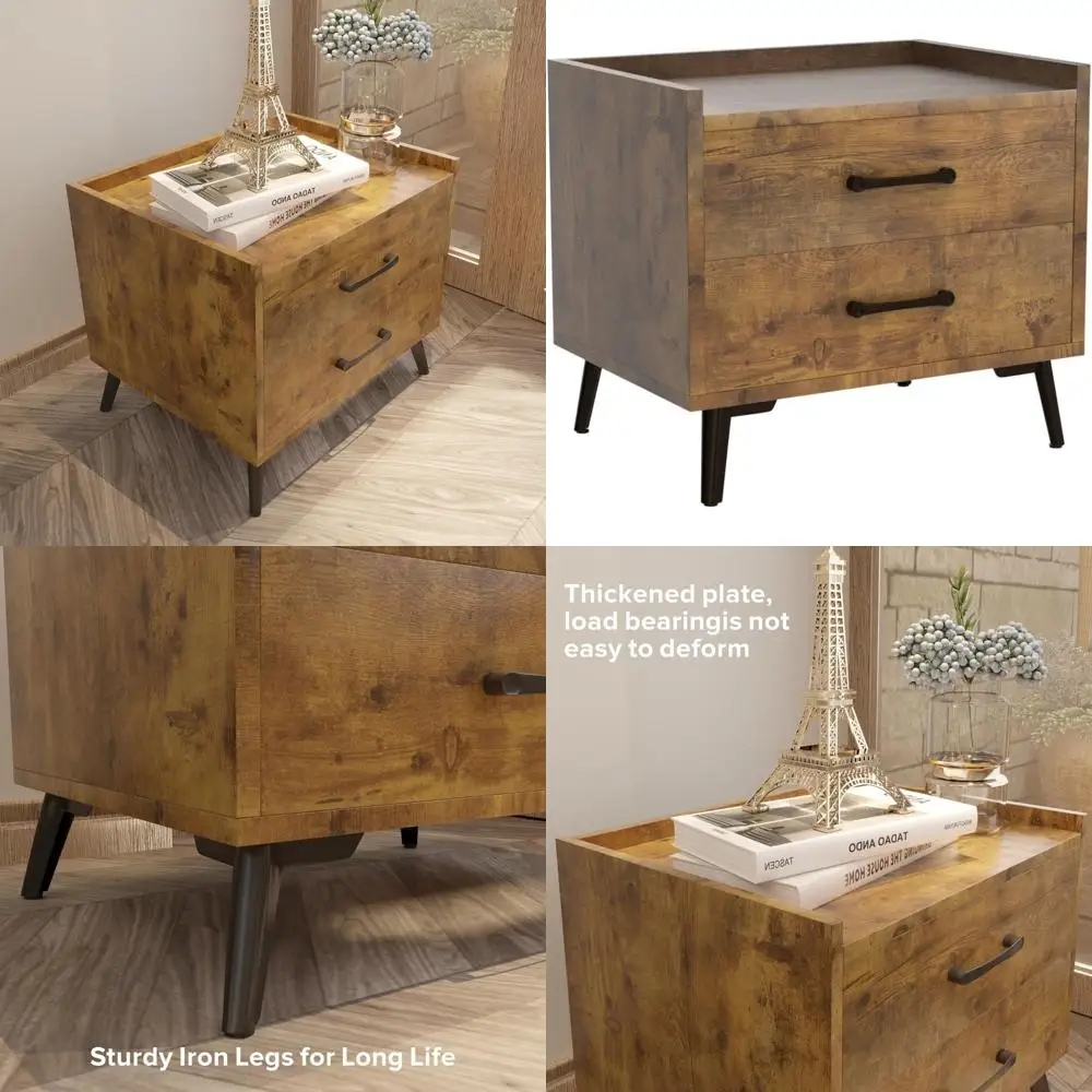 

Mid Century Modern Nightstands - 2 Drawer Brown Bedside Table, Minimalist End Table for Practical Night Stand Side Storage
