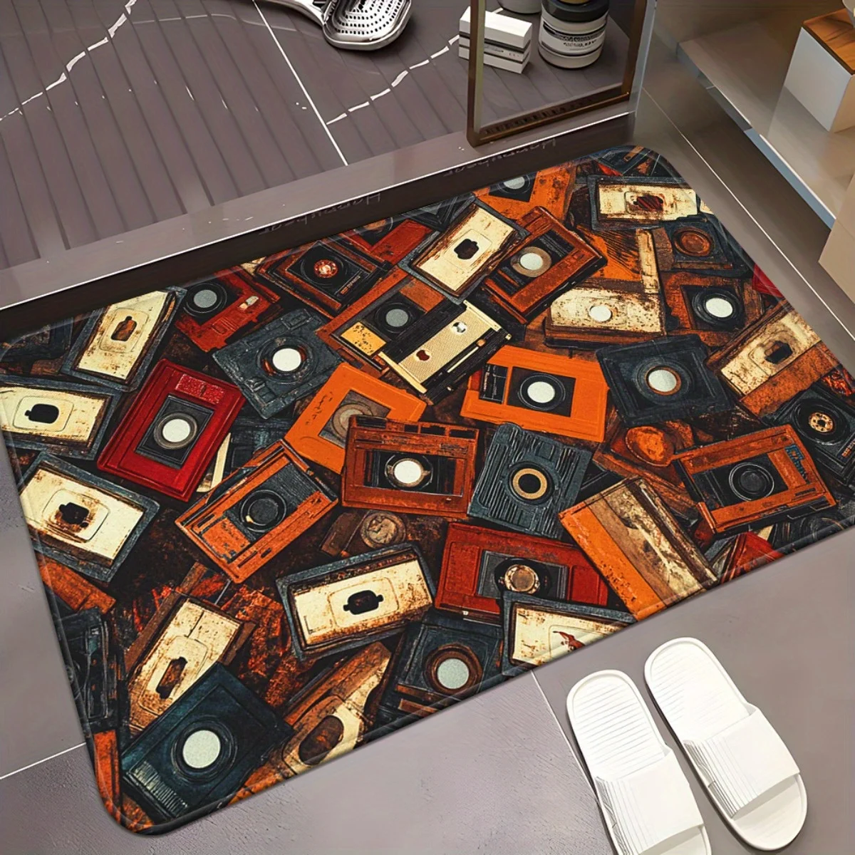 1pc Cassette Clutter Pattern HD Printed Non-Slip Absorbent Machine Washable Polyester Mat - Indoor/Outdoor Multi-Use Door Mat fo
