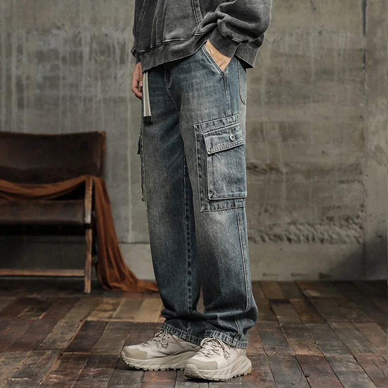 Spring and autumn new men's fashion brand cargo jeans straight leg loose Harundo pocket leisure big pocket pants