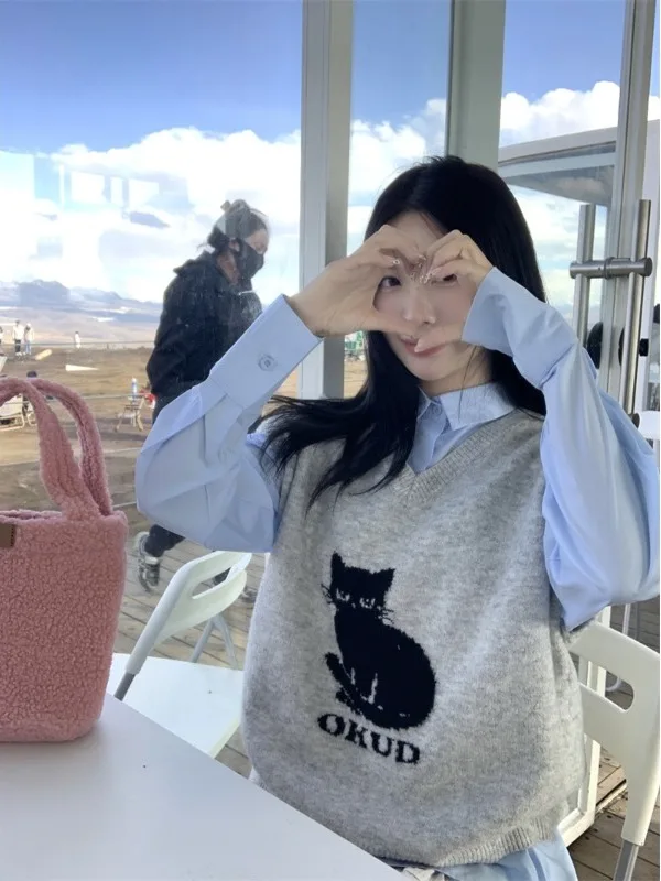 

Свободный свитер с v-образным вырезом и рисунком, жилет, внутренняя одежда, черный сыр, мягкий уютный корейский студенческий женский осенне-зимний модный свитер