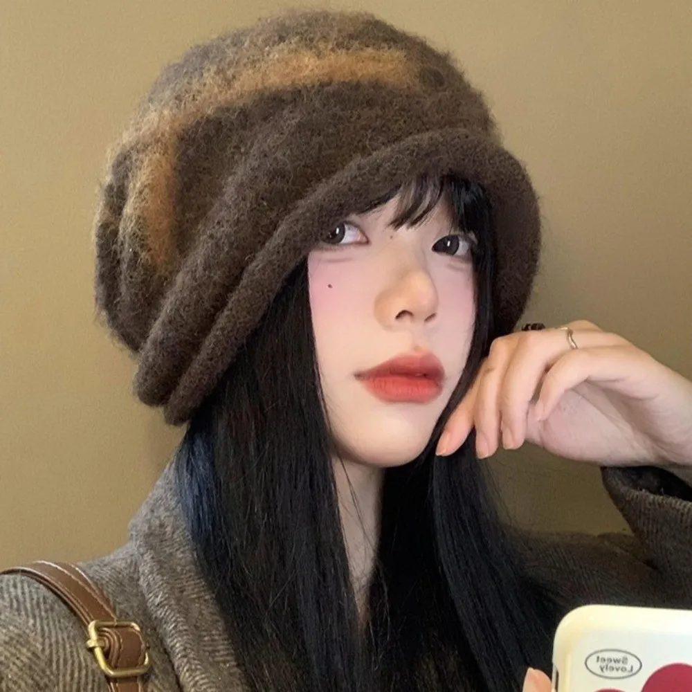 

Casual Printed Bow Jacquard Knitted Hat Warm Big Head Circumference Printing Beanies Korean Style Wool Ear Protection Hat Winter