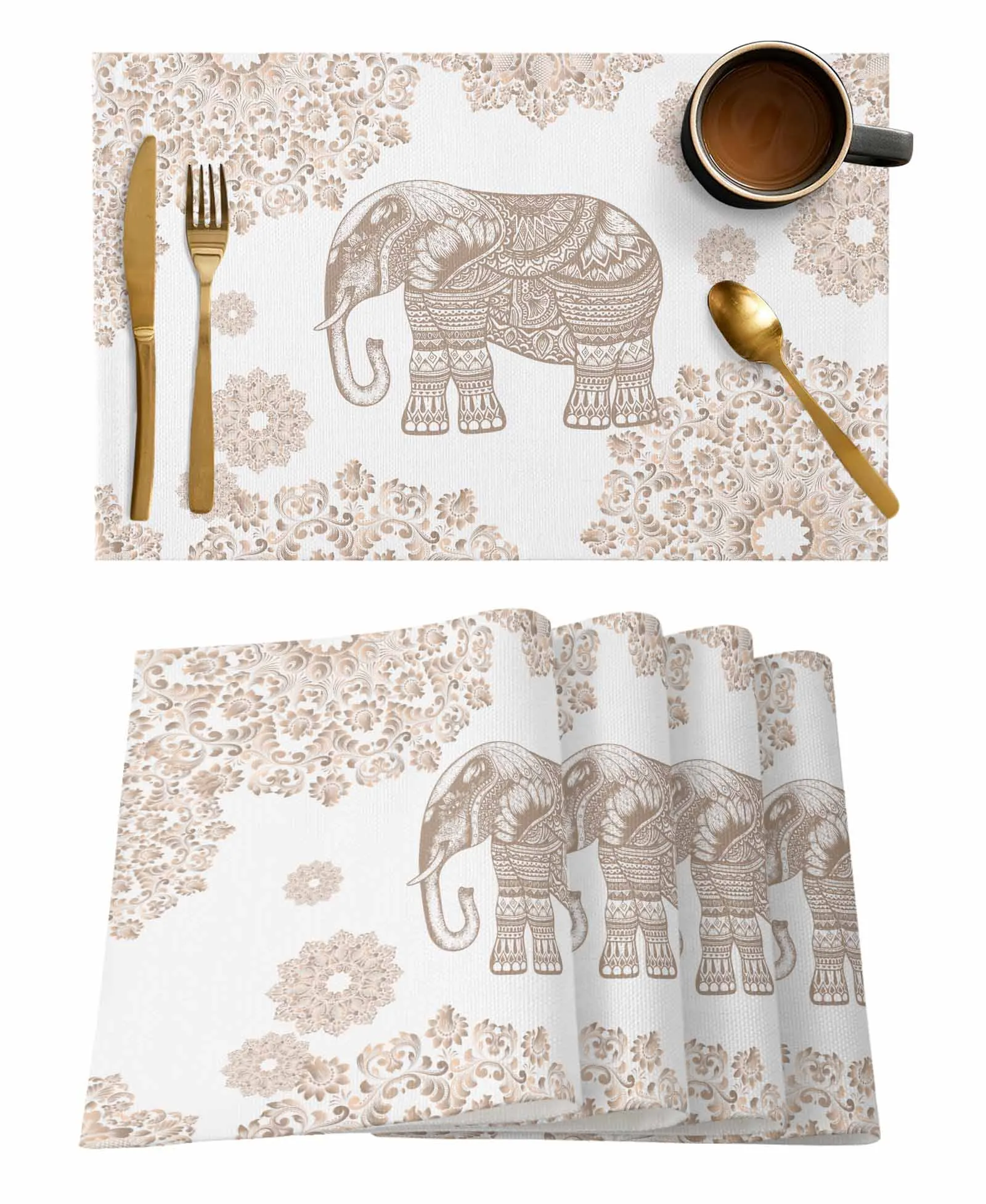 4/6 Pcs Boho Animal Elephant Pattern Placemat Kitchen Placemat Home Decoration Dining Table Mats Coffee Coaster Mat