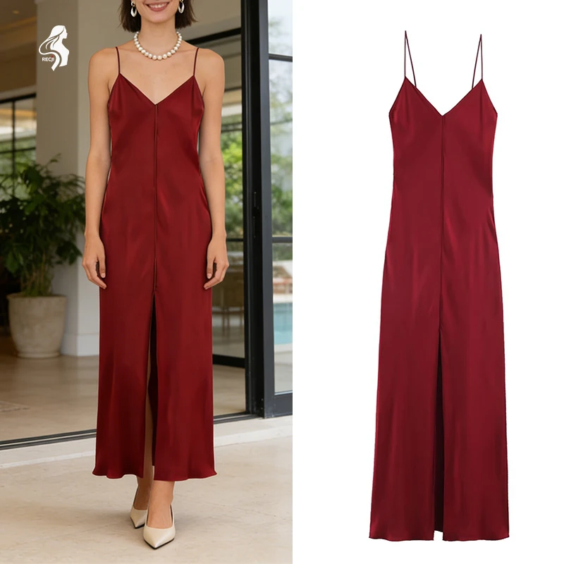 เดรสยาวผ้าซาตินสายเดี่ยวบางเบาสำหรับผู้หญิง คอวีลึก เปิดหลัง ผ่าข้าง ดีไซน์หรูหราและเซ็กซี่ เหมาะสำหรับใส่ทำงานหรือออกเดท  ชุดเดรสผู้หญิง Trafizaran