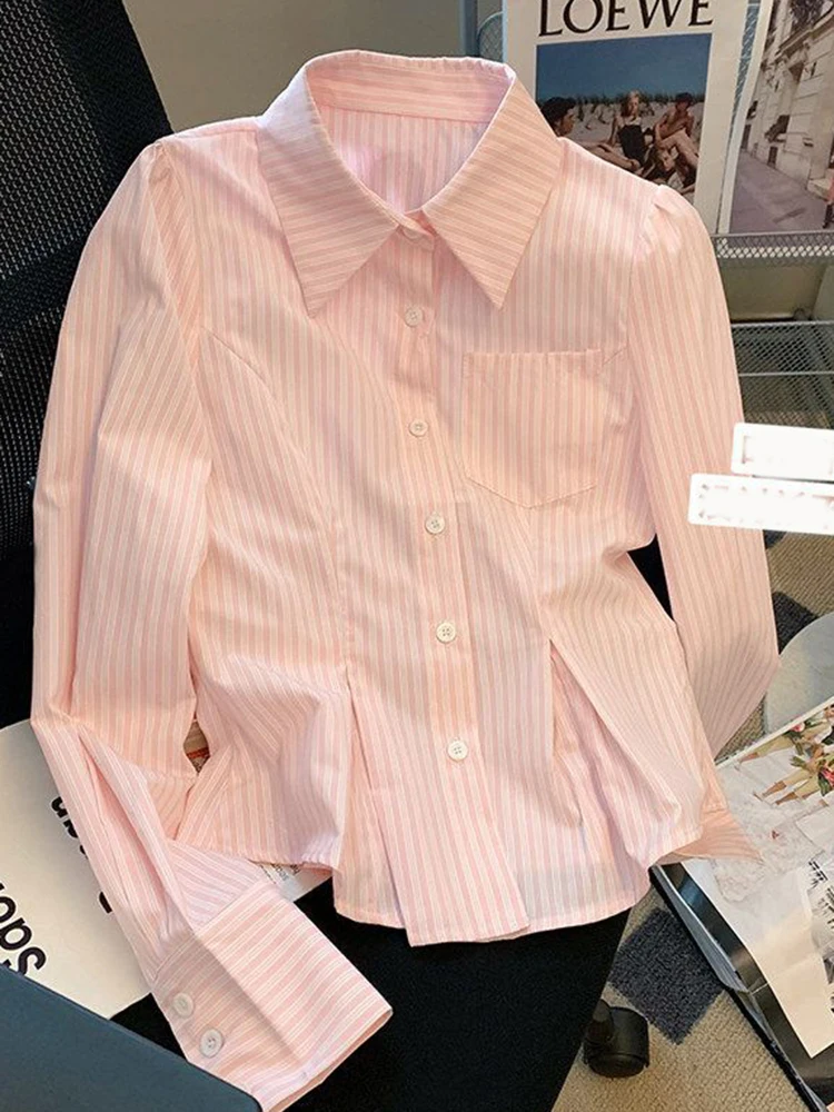 

Pink Striped Slim Shirt Women Fashion Long Sleeve Cute Elegant Blouse Casual Preppy Style Spring Summer Long Sleeve Chic Tops