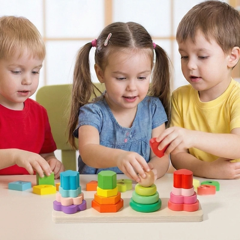 Educational Wooden Geometric Sorting and Stacking Toy for Infants for Spatial Thinking and Color Recognition 15UB