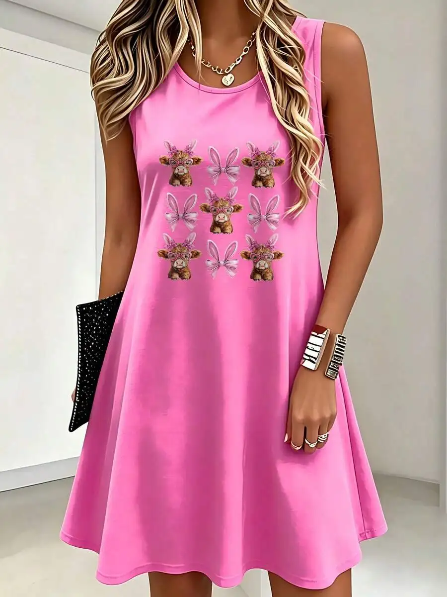 Plus Size Women's Summer Sleeveless Dress- Cute Easter Calf With Bow Easter  Print, Round Neck Casual Long Dress, Machine