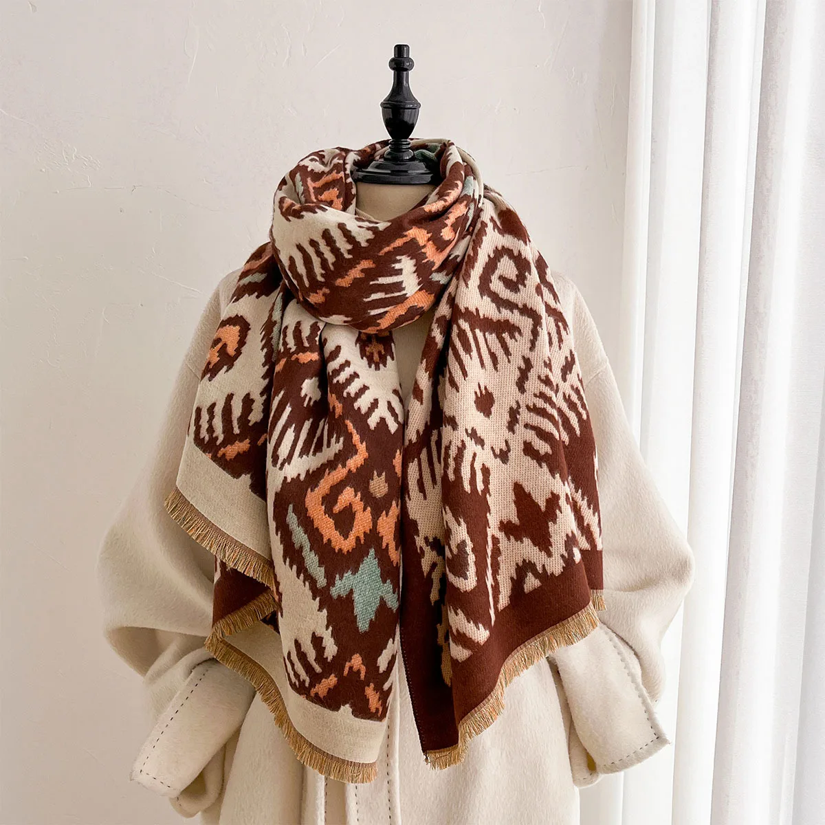 Vintage Tribal Lattice Botanical Vine Pattern Imitation Cashmere Shawl With Tassel Fringe Ladies Large Thick Scarf Multifunction