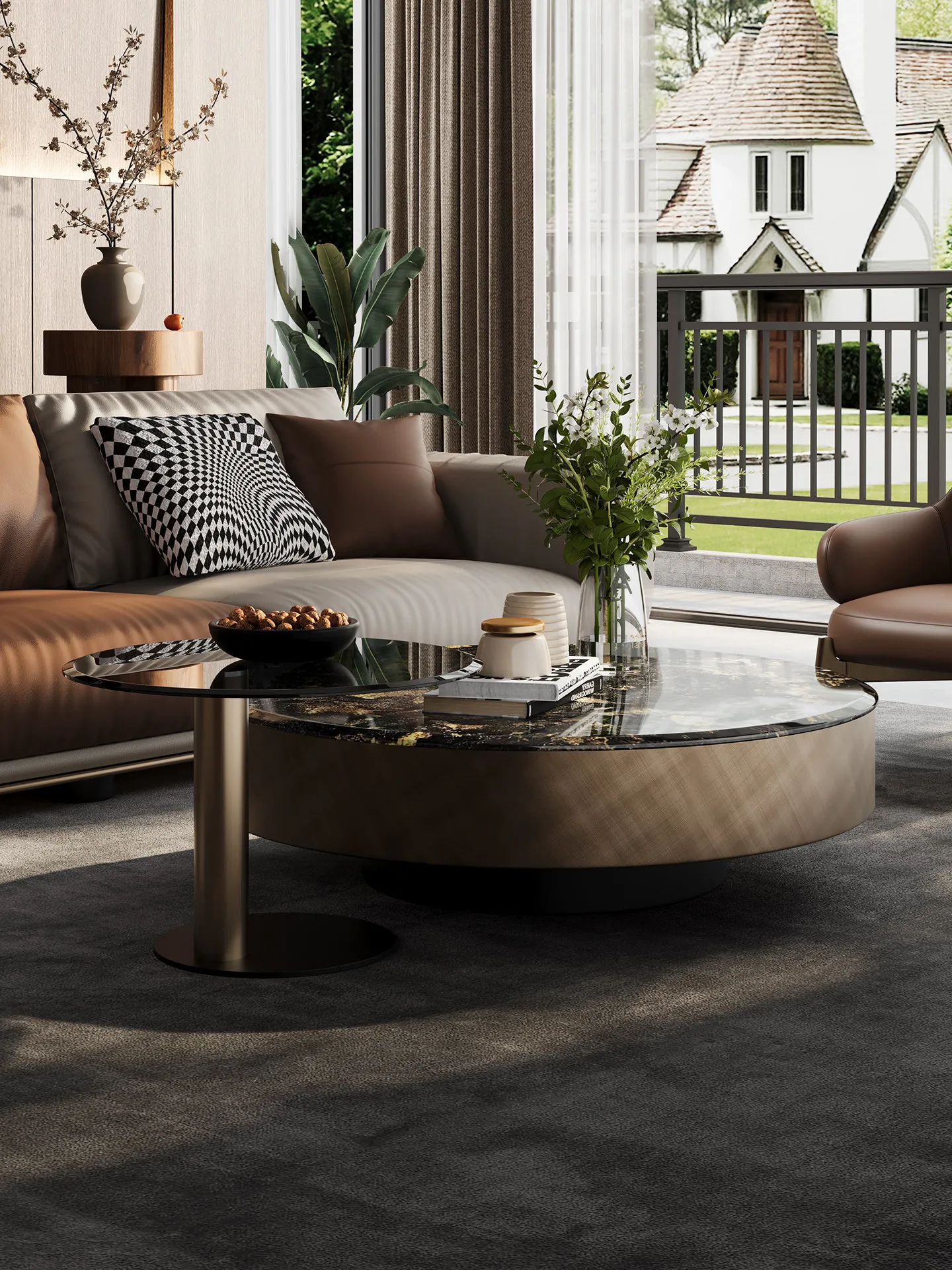 100% pure natural luxury stone coffee table combination minimalist living room high-end atmosphere new round coffee table