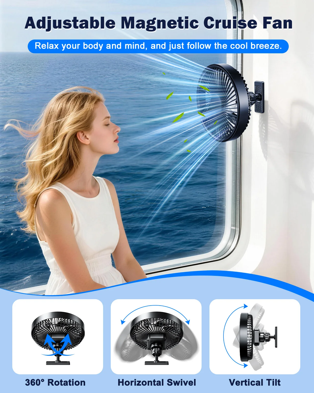 Eary Magnetic Cruise Ship Approved Fan 3000mAh Battery Operated Portable Golf Cart Fans with 3 Speeds 360°Rotation Cooling Fans