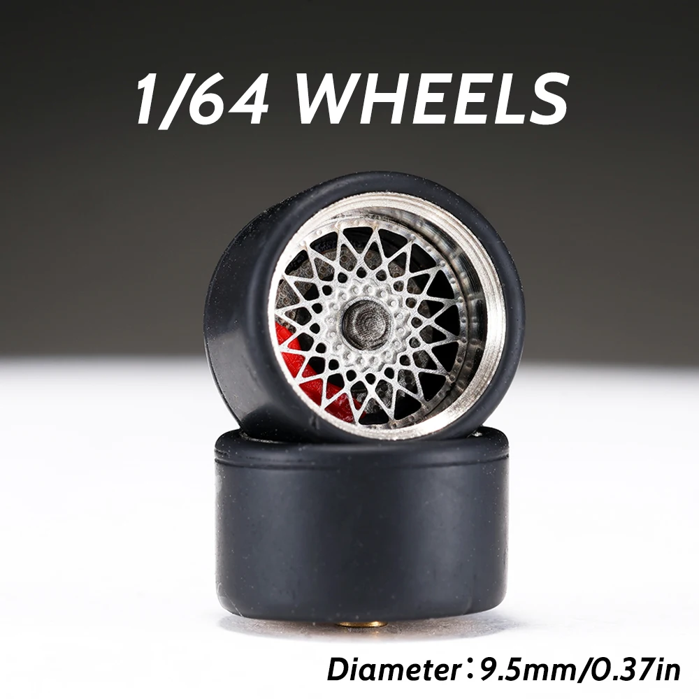 

1/64 Alloy Silver Wheels Rubber Tires with Brake Disc Assembly Rims for Diecast Model Car for Hot Wheels Diameter: 9.5mm