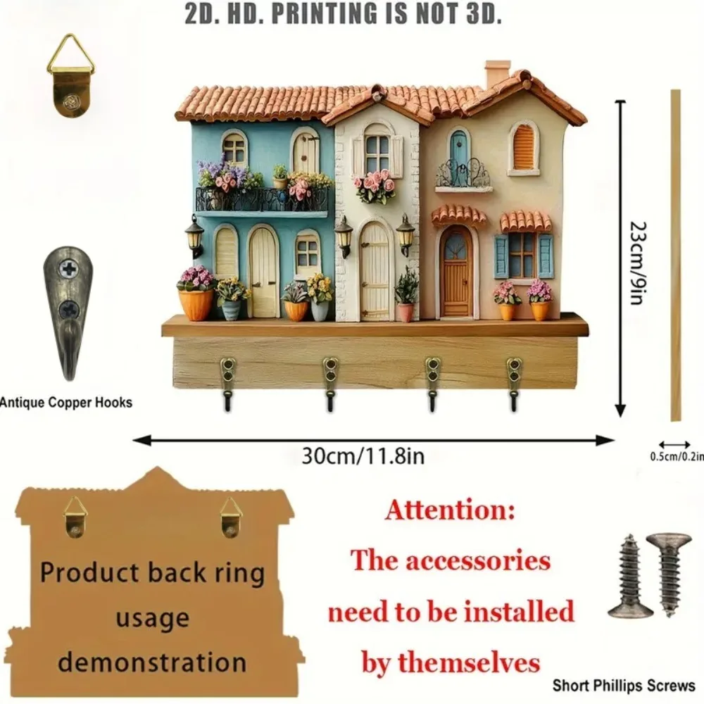 2D Modern Villa Wooden Multifunctional Home Key Holder with Four Metal Hooks, Wall, Porch, Room, Villa, Seasonal Home Decoration