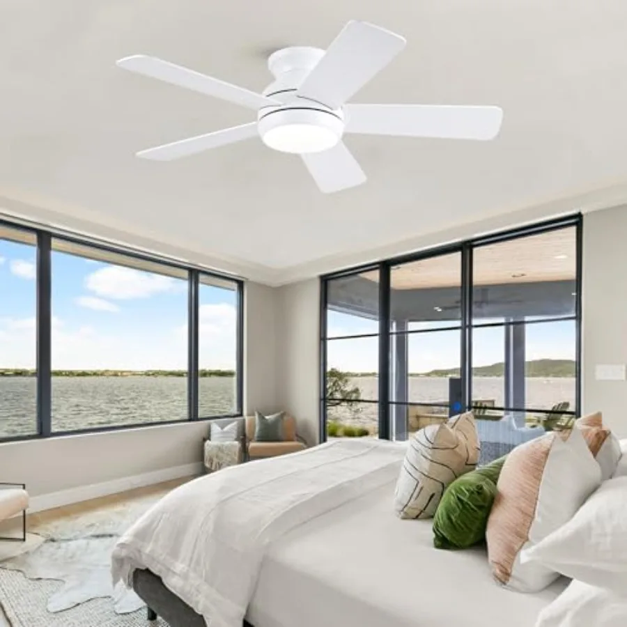 Ceiling Fans with Lights and Remote, LED Low Profile Flush Mount Ceilg Fan for Bedroom, Livg Room, Patio, Quiet DC Motor, 5 Bla