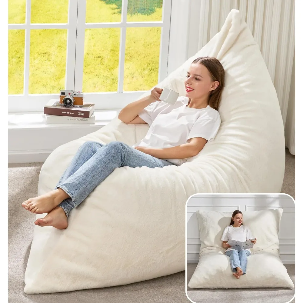 Convertible Large Bean Bag Sofa - Plush White, Washable, Removable Cover, Easy Install, Ideal for Rooms