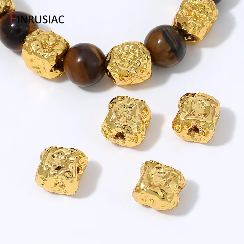18k Gold Plated Brass Hammered Irregular Cube Spacer Beads Baroque Crinkled Textured Metal Beads For DIY Jewelry Making Findings