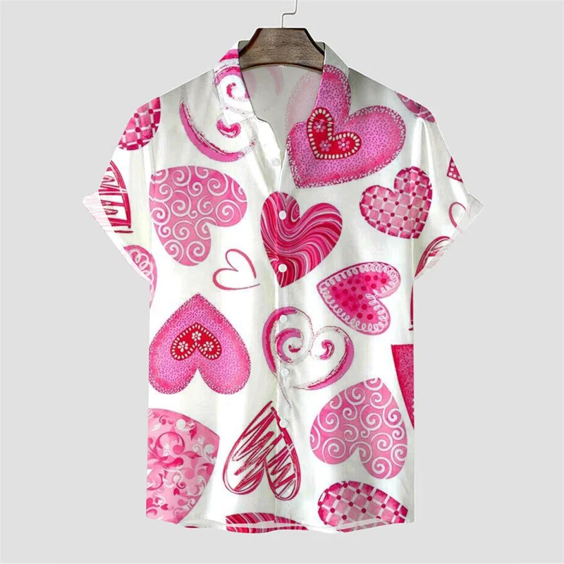 Valentine's Day 3d Print Shirt Men Women Love Flowers Summer Short Sleeve Tees Fashion Floral Button Lapel Blouse Street Tops