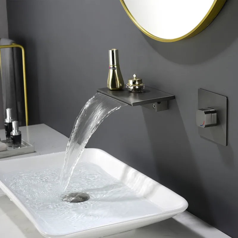 Gun gray embedded wall concealed waterfall faucet storage platform, cold and hot water washbasin faucet