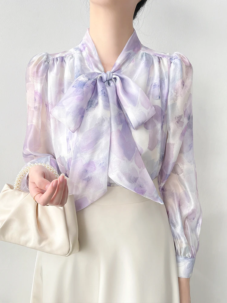 

Romantic Purple Lav Flower Print irt Women's Long Sve Knot Sa Loose Fit French Sle Polyester Fiber