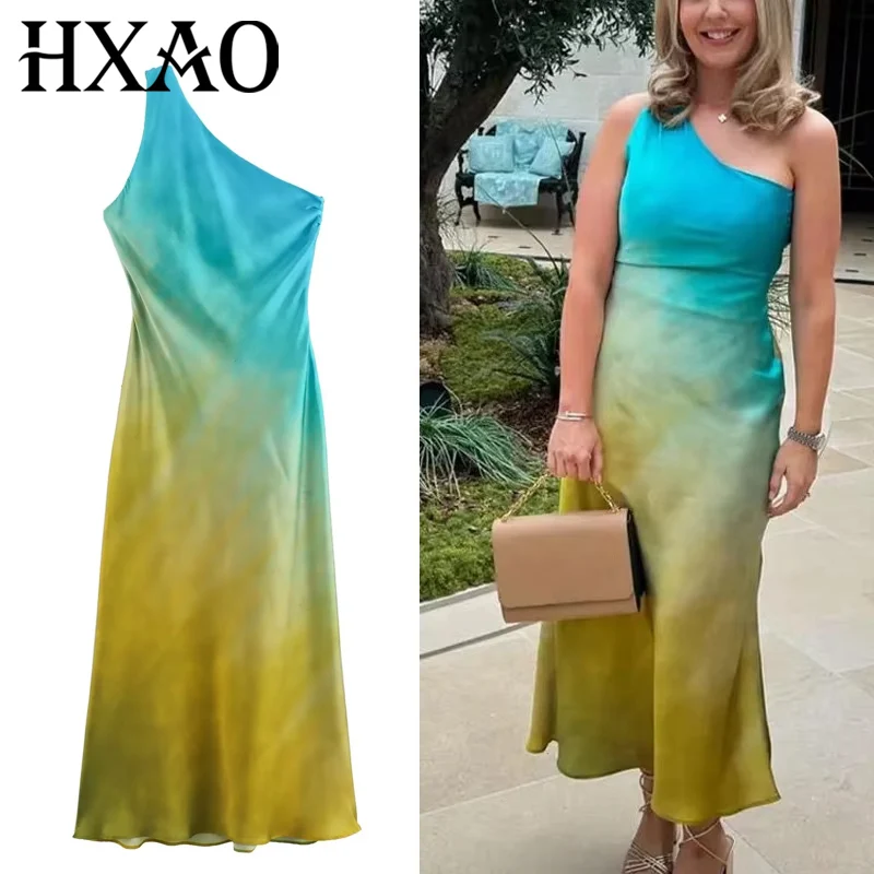 Sukienka satynowa tie-dye HXAO damska asymetryczna sukienka midi z odkrytymi ramionami letnia sukienka damska z wiązaniem na plecach długa sukienka bez rękawów sukienka na imprezę