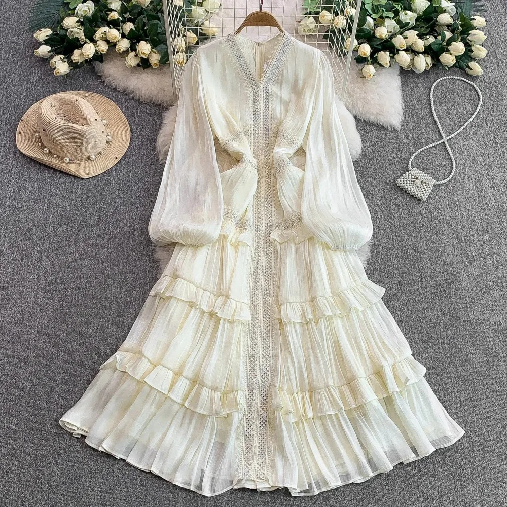 Vintage sexy manga longa vestido emendado chique verão praia fairycore vestidos férias roupas femininas