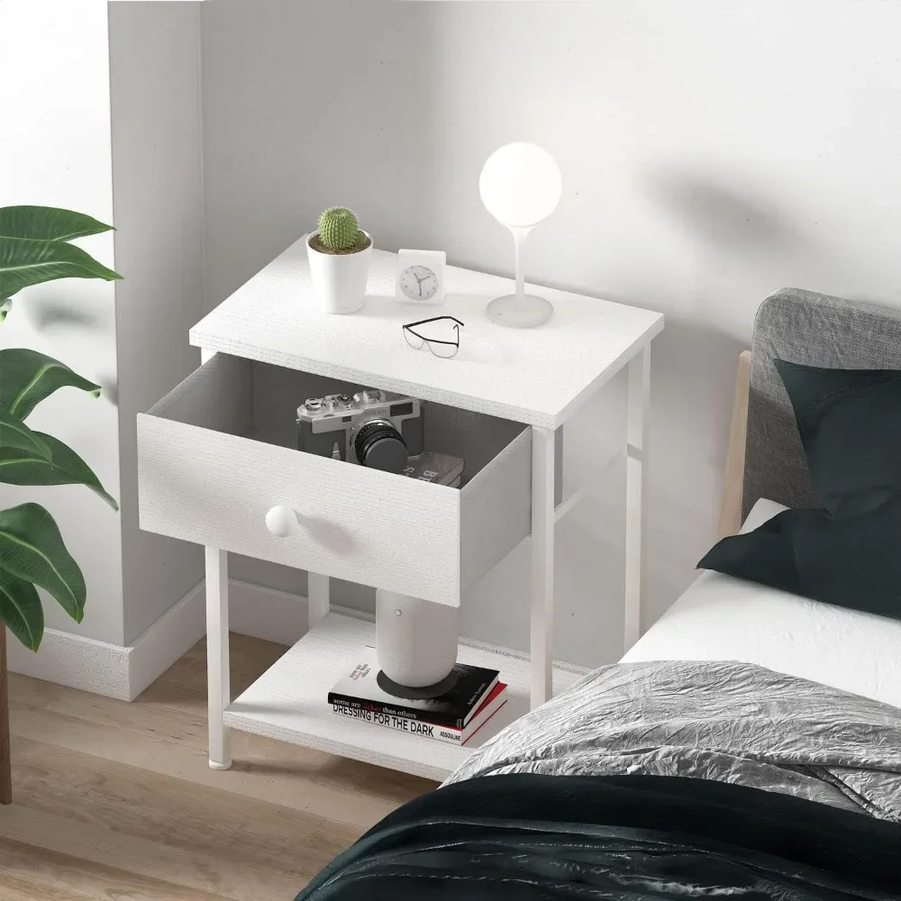 

White Nightstands Set of 2, Small Night Stand with Drawer and Shelf Storage End Table for Bedroom