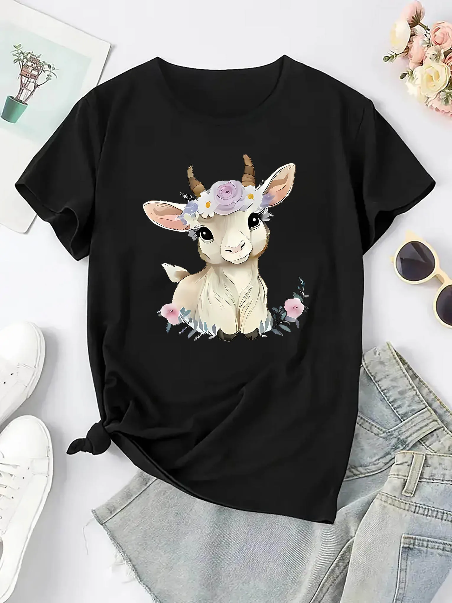 تي شيرت نسائي كاجوال برقبة دائرية مع طباعة الماعز الإبداعية، أزياء قصيرة الأكمام، أعلى الفصول الأربعة، نمط حيوان مريح #1