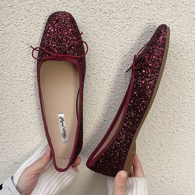 

2024 New Red Sliver Brand Women Flat Shoes Fashion Bling Ladies Elegant Ballet Shoes Flat Heel Soft Outdoor Casual Ballerinas