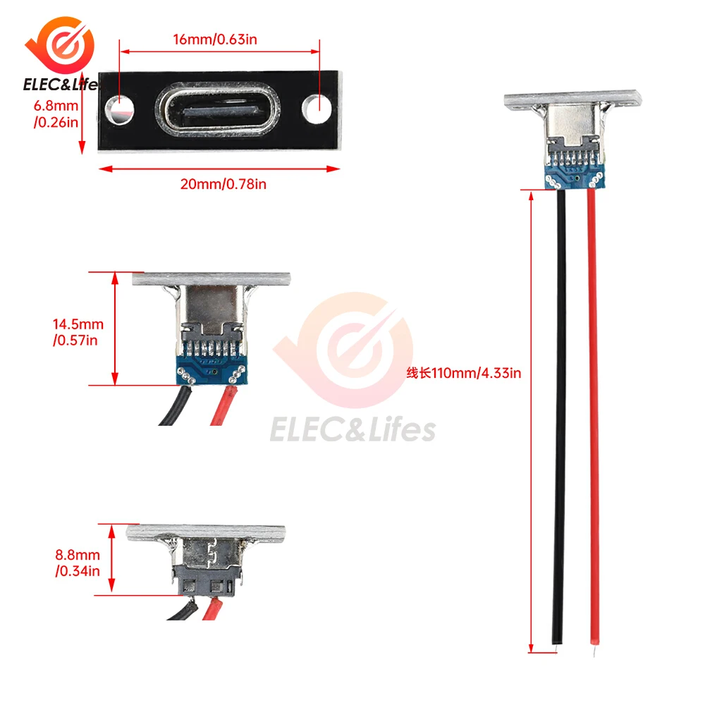 5 قطعة نوع-C أنثى 2 دبوس نوع-C أنثى موصل مقبس مقاوم للماء جاك أنثى شحن ميناء USB-C شاحن التوصيل المقبس