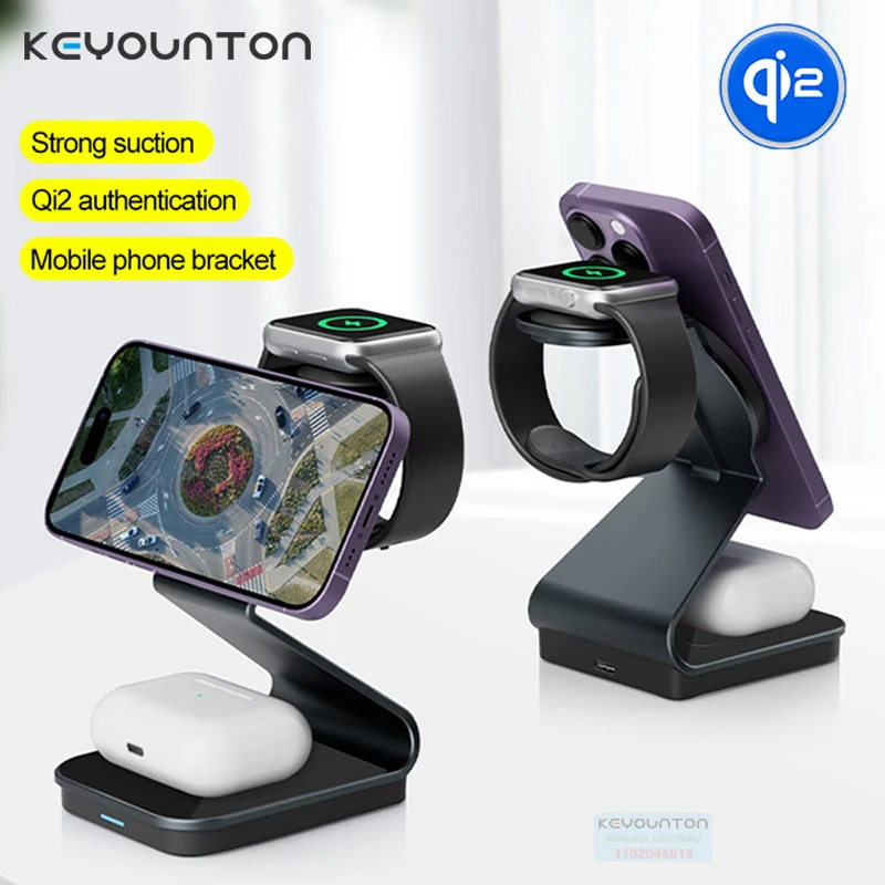 Magnetic Wireless Charger Stand Aluminum Alloy 3 in 1 Fast Charging Station Dock for iPhone 16 15 14 13 12 IWatch9 8 Airpods Pro
