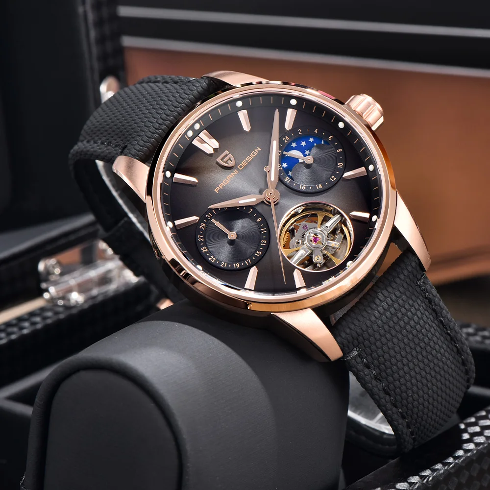 2025 تصميم باجاني جديد 41 مللي متر توربيون ساعات آلية للرجال الأعمال ساعة أوتوماتيكية الفولاذ المقاوم للصدأ 10BAR ساعة مرحلة القمر