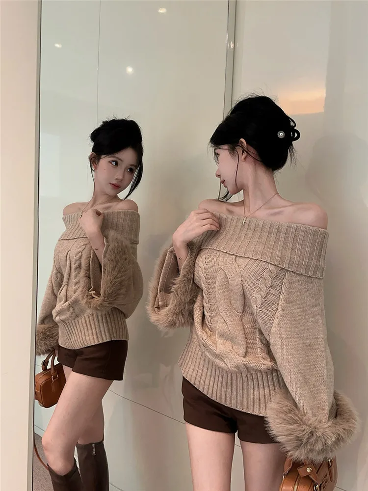 เสื้อสเวตเตอร์ไหมพรมแขนยาวทรงแบทวิง คอเฉียง ไหล่เดียว แต่งขนเฟอร์เทียม สีขาว เทา กากี ทรงหลวม สไตล์ลำลอง