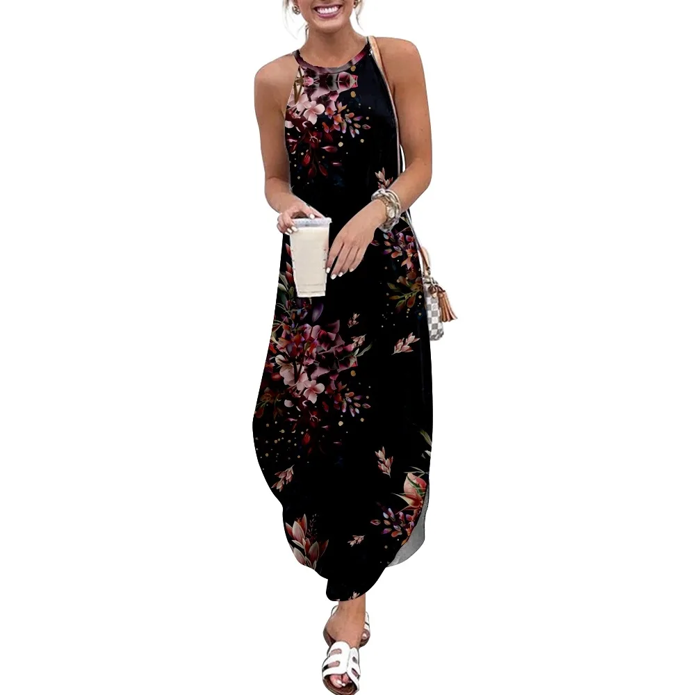 Robe longue à imprimé floral rétro pour femmes, tenue décontractée à manches courtes, caraco, Double poche, pour la plage