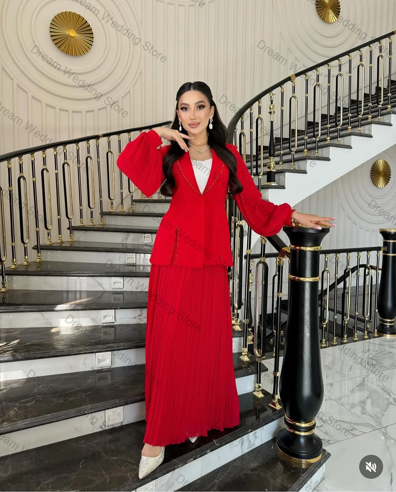 

Red Women Suit Set 2 Pcs Blazer+Prom Dress Luxury Crystals Formal Office Lady Jacket Customized Guest Wedding Tuxedos Guest Coat