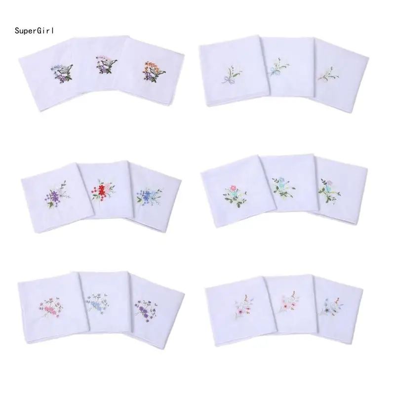 Mouchoir léger brodé fleurs, 3 pièces, mouchoir mariage pour femmes, J78E