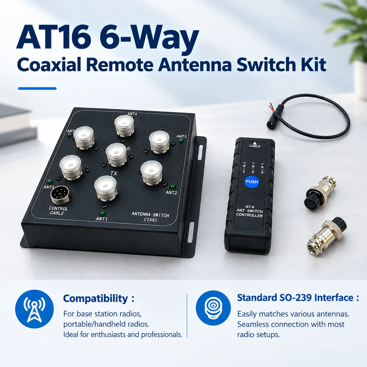 AT16 Six-Directional Coaxial Remote Antenna Switching Kit - High Power, Compatible with Base Stations and Handheld Radios