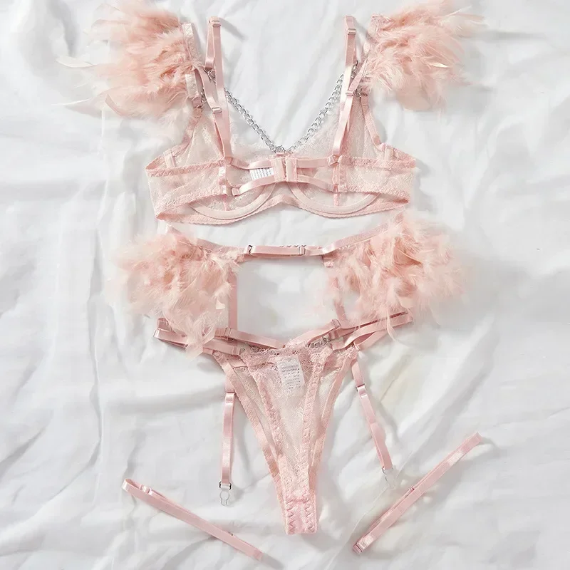 Sexy Lace Lingerie Set with Feather Women's Chain Perspective Underwear Garters Exotic Apparel Suit Female Solid Transparent Bra