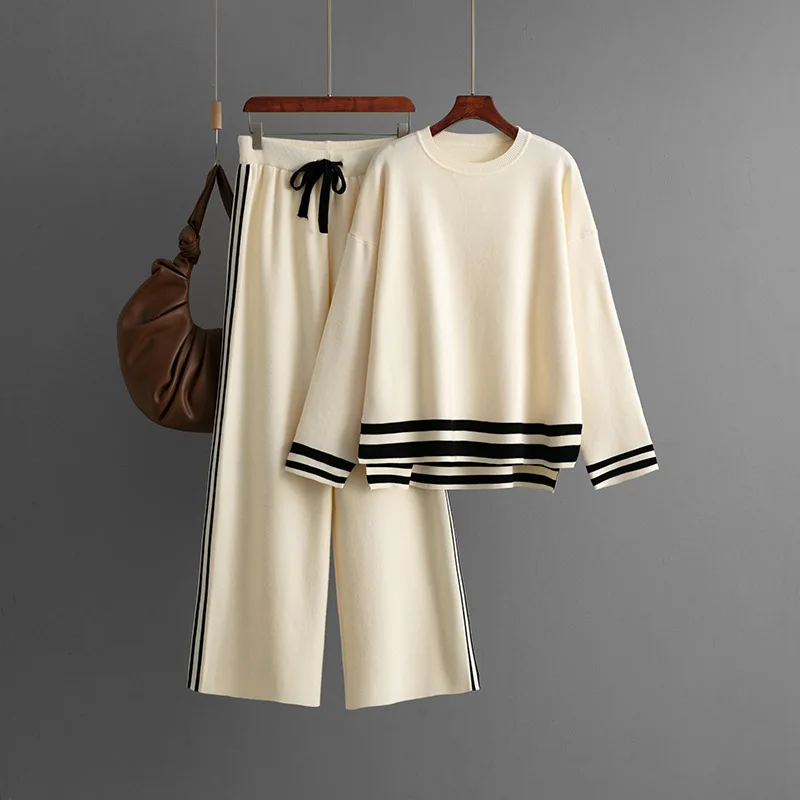 بدلة على الموضة ملابس النساء خريف شتاء جديد متماسكة س الرقبة فضفاضة البلوز سترة واسعة الساق السراويل قطعتين مجموعات ملابس نسائية