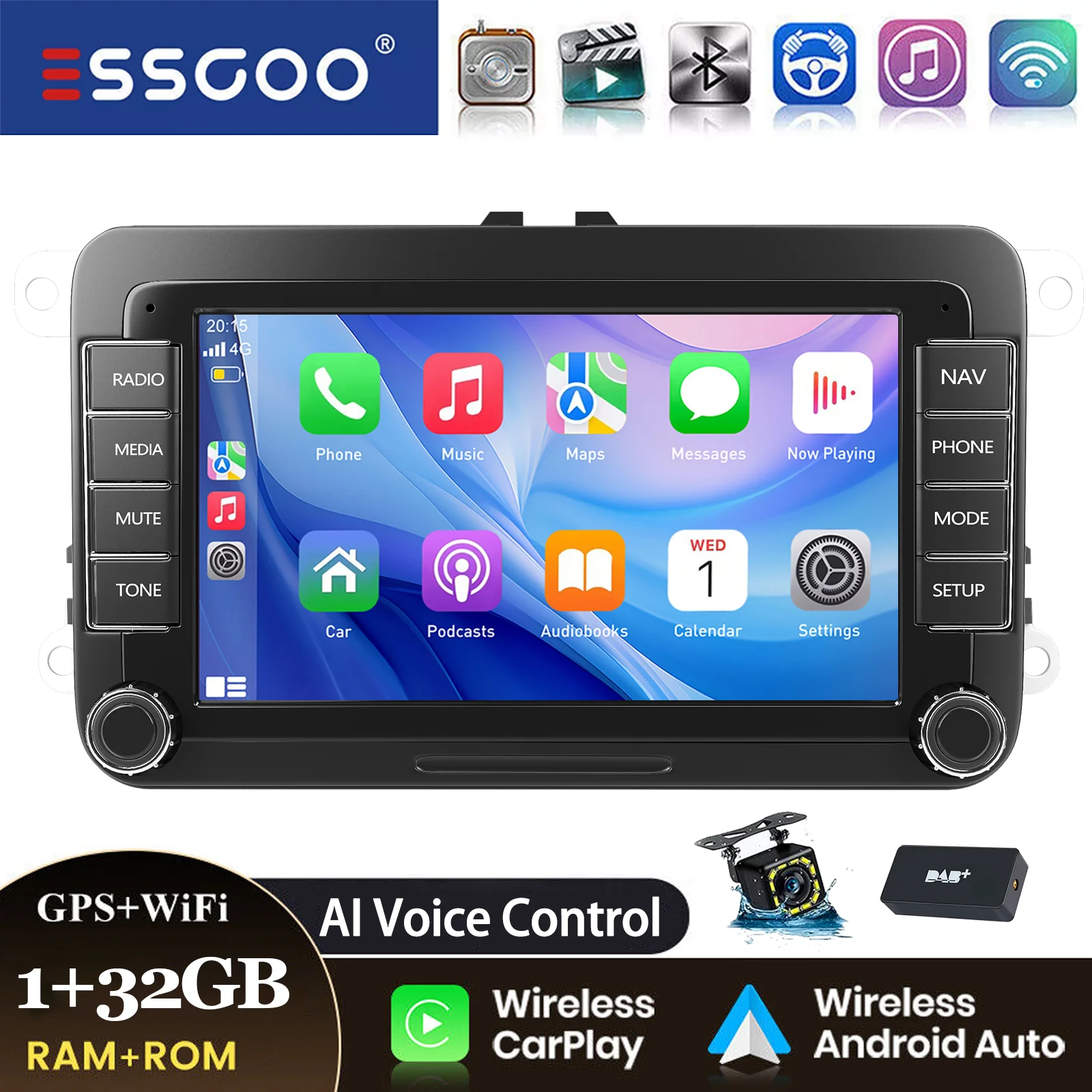 ESSGOO Android 14 Autoradio 7" 4+64GB Wireless CarPlay GPS Navigation WIFI RDS FM Bluetooth für VW Golf 5 6 Passat Polo 6R Touran Tiguan Caddy EOS Jetta Seat Skoda Touchscreen Mirror Link USB