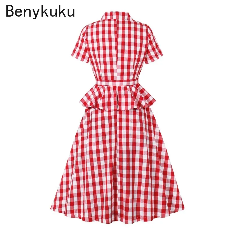 Notched Collar Elegant Red Gingham Cotton Midi Dresses for Women 2025 Ruffles Buttons Belted 50s 60s Vintage Plaid Peplum Dress