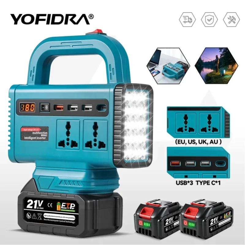 YOFIDRA 6 IN 1 350W Stromwechselrichter DC 18V zu 220V Kabelloser Wechselrichter-Adapter Stromversorgung für Haushaltsgeräte für Makita-Batterieanschluss